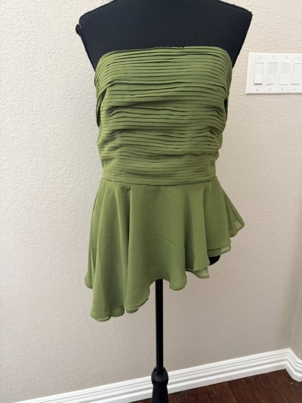Parker asymmetrical blouse pleat NWT olive green color sz 10 strapless neckline